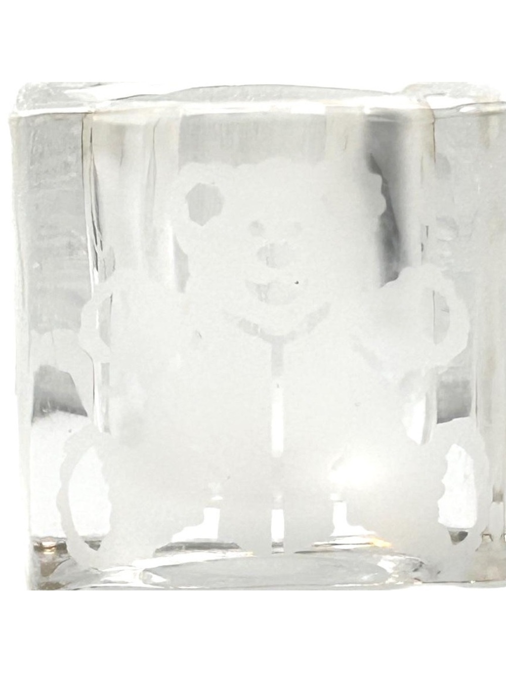 Clear Glass Candle Holder with Teddy Bear and Other Etchings, Square Design